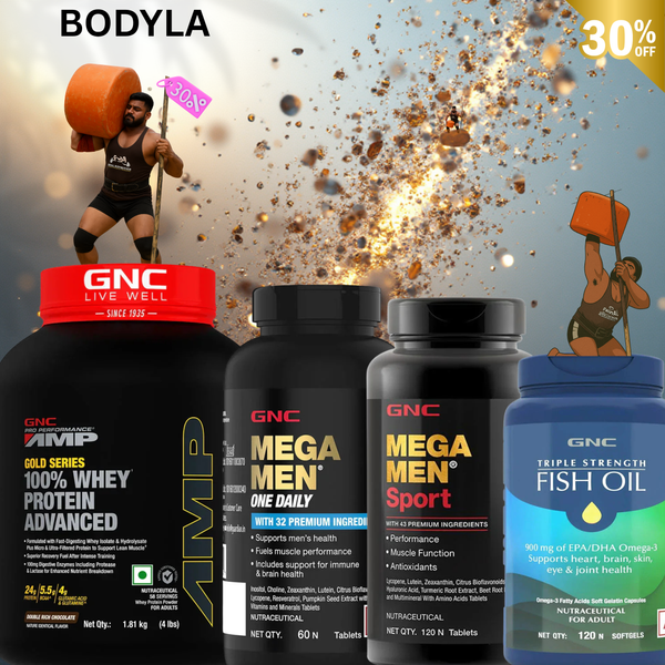 GNC – Combo Weight Lifting (Stone Lifting) Kit | AMP Gold Series Whey Protein + Mega Men Sport + Mega Men 38 Premium + Triple Strength Fish Oil