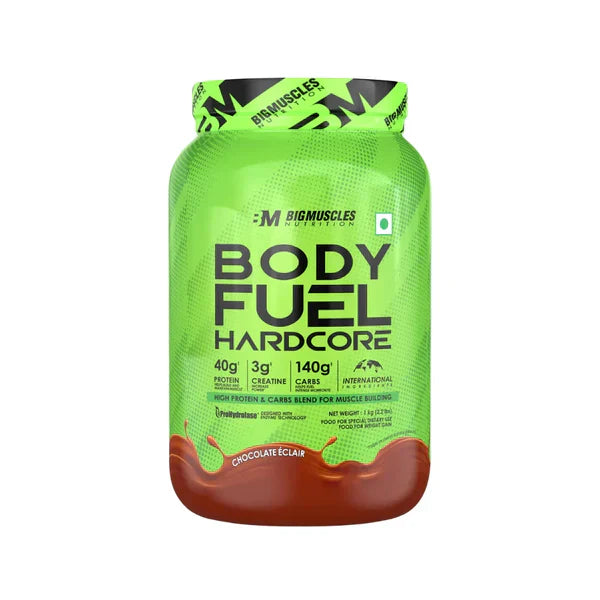 Big Muscles Body Fuel Hardcore | High-Calorie Mass Gainer for Size & Strength | 3kg / 1kg | Available in Chocolate Eclair, Cookie & Cream, Strawberry Banana Twirl & Malai Kulfi Flavors