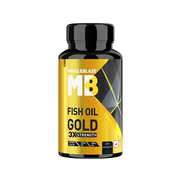 MuscleBlaze Omega 3 Fish Oil Gold | Triple Strength 1250mg Fish Oil | DHA 250mg + EPA 450mg | 60 Softgels
