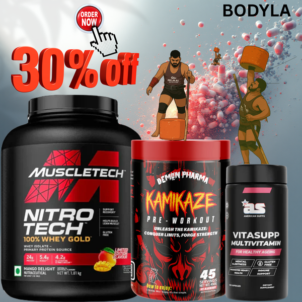 Combo Weight Lifting (Stone Lifting) Kit | MuscleTech NitroTech Whey Gold + Demon Pharma Kamikaze Pre-Workout + American Supps Vitasupp Multivitamin