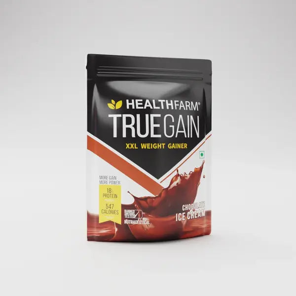 Healthfarm True Gain XXL Weight Gainer | 1kg / 2kg | High-Calorie Mass Gainer with 60g Protein & 220g Carbs | Flavours: Banana Caramel, Chocolate Ice Cream